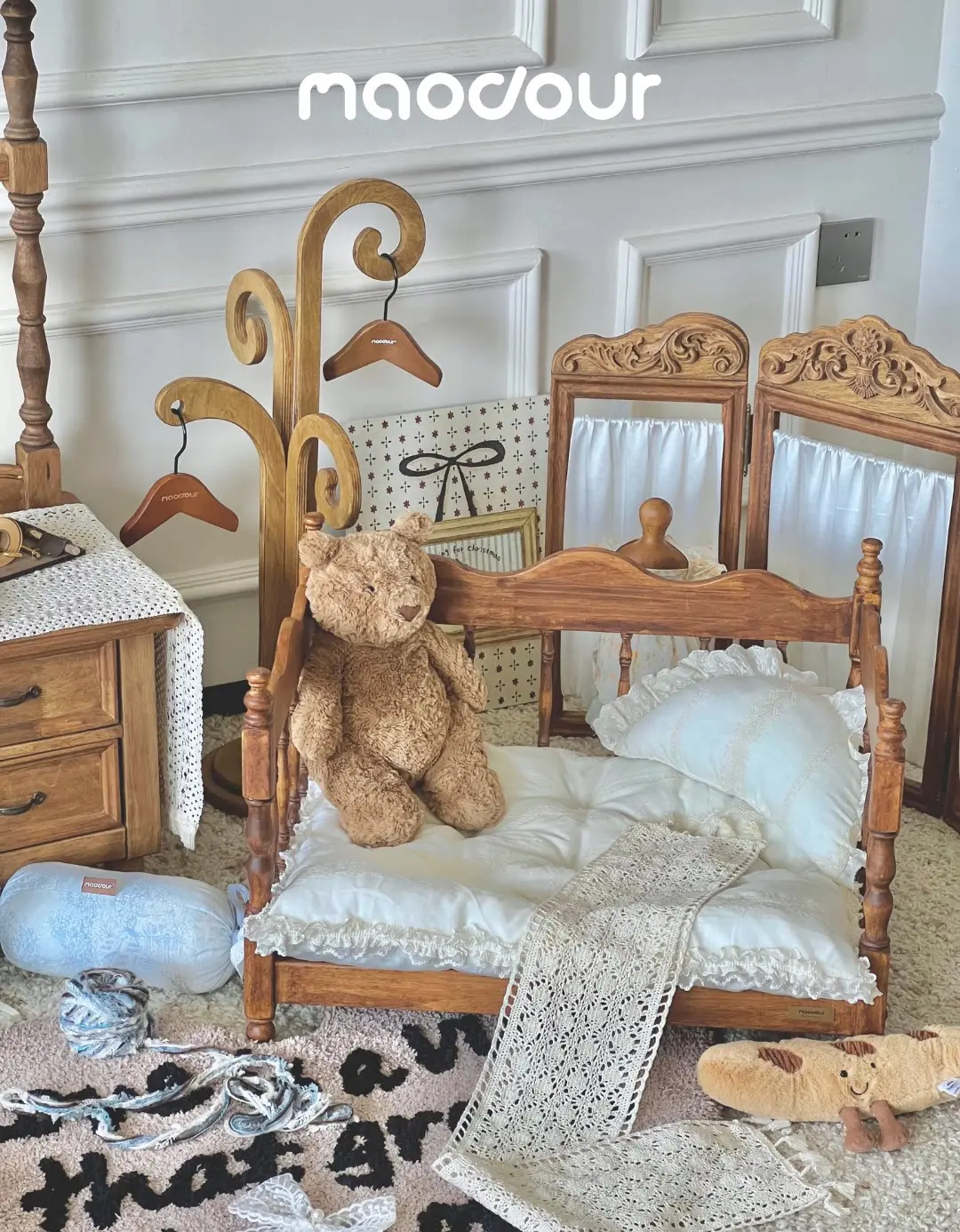 Carved vintage pet furniture detail in warm brown wood